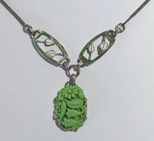 Vintage Sterling Chain Necklace 20" w Carved Green Flowers & Enamel Leaves - Picture 1 of 8