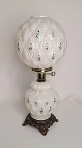 Vintage Hand Painted Quilted Round Glass Parlor Lamp Base With Shade Brass Base - Picture 1 of 9
