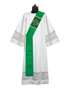 Green Deacon Stole with Woven IHS Motif - Picture 1 of 2