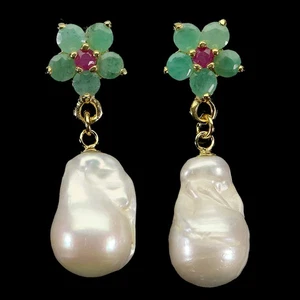 925 Sterling Silver Earrings Round Ruby 4mm Pearl Natural Gemstone Jewelry - Picture 1 of 13