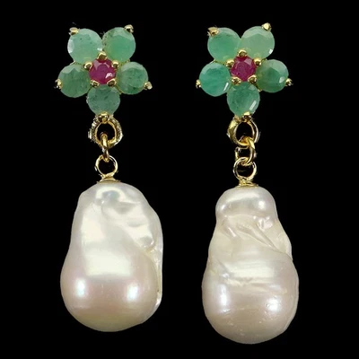 925 Sterling Silver Earrings Round Ruby 4mm Pearl Natural Gemstone Jewelry - Image 1 of 4