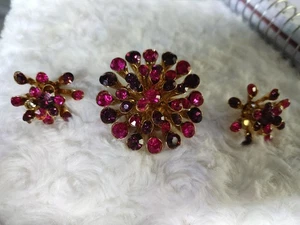 Vintage Strass Brosche Ohrringe Set Blume Magenta Rosa Komposit /1 Stein - Bild 1 von 11