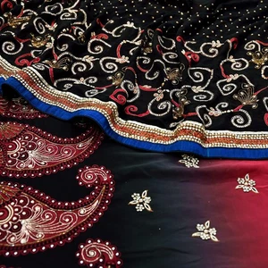 Pre-owned Sari Red & Black Pure Georgette Silk Hand Embroidered Designer Sarees - Picture 1 of 23