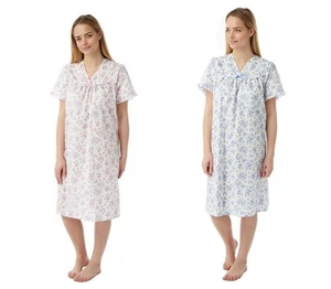 Women V-Neck Nightdress Lightweight Woven Polycotton Short Sleeve Summer Nightie - Picture 1 of 5