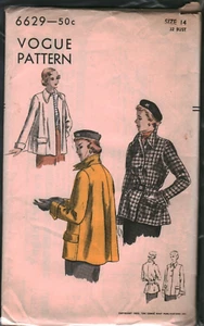 6629 Vintage Vogue Sewing Pattern Misses 1940s Easy to Make Back Flared Coat 14 - Picture 1 of 2