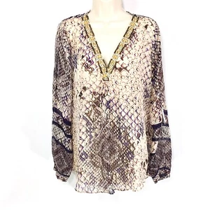 Hale Bob 100% Silk Top Tunic Sz S Cut- Out Long Sleeves Beaded V Neck NWT - Picture 1 of 12