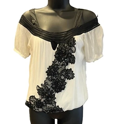 Guess Women's Sz XS Silk Floral Lace Bow Coquette Dainty Blouse White Black - Image 1 of 4