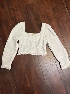 Rebellion Crop Top Jrs Sz M Puff Long Sleeve Cotton Lace Button Front - Picture 1 of 7