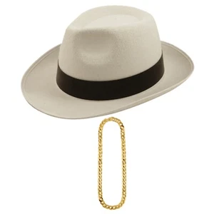 Adults White Gangster Trillby Hat Gold Gangster Chain 1920’s Pimp Fancy Dress - Picture 1 of 3