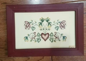 Hand Painted handmade Heart & Ivy Leaves flowers red & green Theorem In Frame - Picture 1 of 7