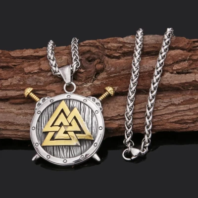Viking Shield Pendant with Gold Valknut & Twin Swords Necklace - Image 1 of 2