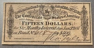 1864 $15 INTEREST RECEIPT BOND COUPON ROBERT TYLER SIGNATURE EX CONDITION rego - Picture 1 of 4