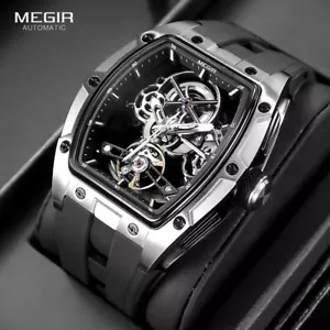 MEGIR Mens Watch Luxury Skeleton Dial Silicone Strap Automatic Watch For Men - Picture 1 of 16