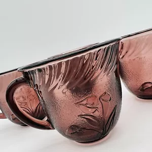 Amethyst Purple Glass Mugs Calla Lily Embossed 3 1/4” Set Of 4 - Picture 1 of 12
