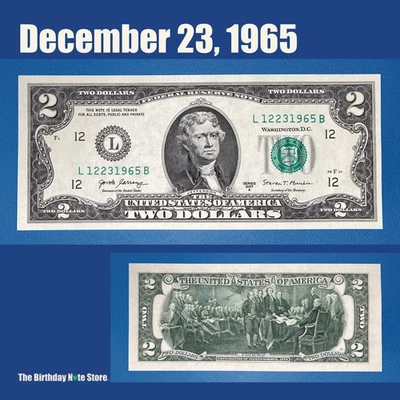 December 23, 1965 Birthday Anniversary $2 Two Dollar Bill Serial Number 12231965 - Image 1 of 2