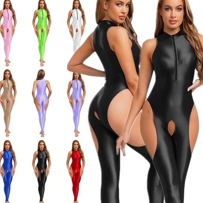 DE Damen Glänzende Bodystockings Glossy Bodysuit Jumpsuit Wetlook Catsuit - Bild 1 von 4