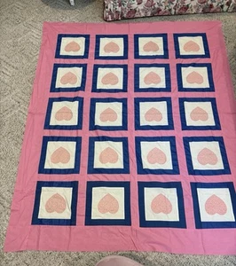 Vintage Heart Quilt Top 88x71 Pink And Blue Colors Handmade - Picture 1 of 4