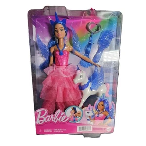Barbie Einhorn 65th Anniversary Puppe mit blauen Haaren, rosa Kleid & Haustier Alicorn - Bild 1 von 2