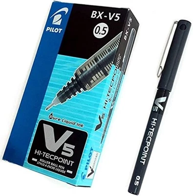 12 x Pilot Hi-TecPoint V5 BLACK Colour Liquid Ink Rollerball Pen 0.5mm Tip