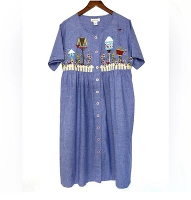 Vestido Vintage Bechamel Cambray Floral Pajarera Bordado Calce Relajado Grande Foto 1 de 4