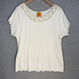 Ruby Rd Womens White Size 1X Cotton Ribbed Top Floral Cutout Neckline Scallop - Picture 1 of 9