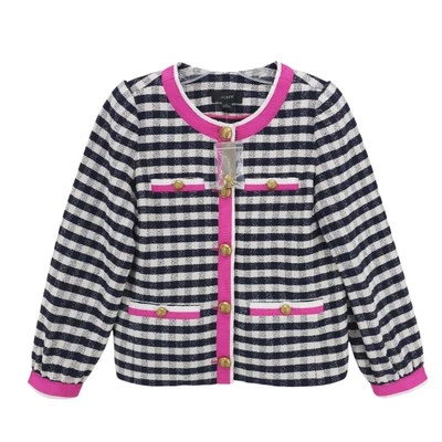 NWT J CREW Grosgrain Trim Jacket Gingham Tweed Navy Ivory Pink Gold Button Sz 2 - Image 1 of 4