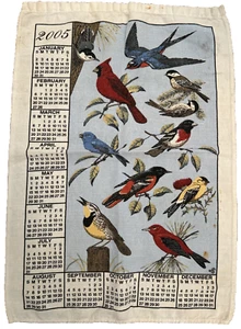 Toalla de té calendario de lino 2005 pájaros coloridos 22" L x 15" manchada - Imagen 1 de 8