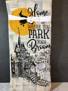 2 HALLOWEEN HOME IS WHERE YOU PARK YOUR BROOM FLYING WITCH KITCHEN TOWELS HAUNT - Picture 1 of 7