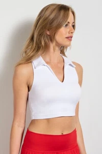 Rae Mode Solid White Collared V-Neck Butter Soft Cropped Racerback Tank Top - Picture 1 of 2