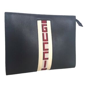 GUCCI 475316 Clutch bag business bag Web stripe leather black mens(Unisex)