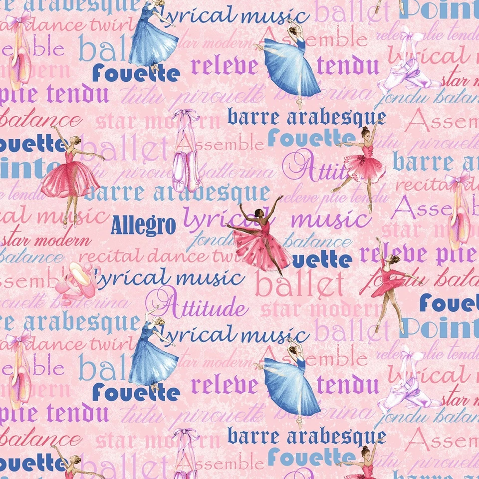 BTHY Henry Glass Ballerina Tiny Dancer & Words Pink Cotton Fabric By Half Yard - Image 1 of 1