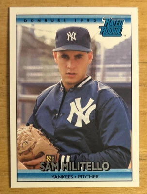 1992 Donruss Sam Militello Baseball Rookie Card RC #407 Yankees Pitcher EXMT O/C - Image 1 of 2