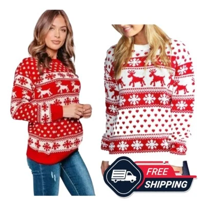 Womens Knitted Reindeer Rudolph Christmas Xmas Snowflakes Jumper Sweater UK - Image 1 of 4