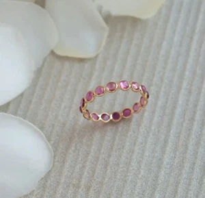 Lustrous Pink Tourmaline Gemstone 925 Sterling Silver Gold Plated Eternity Ring - Picture 1 of 3