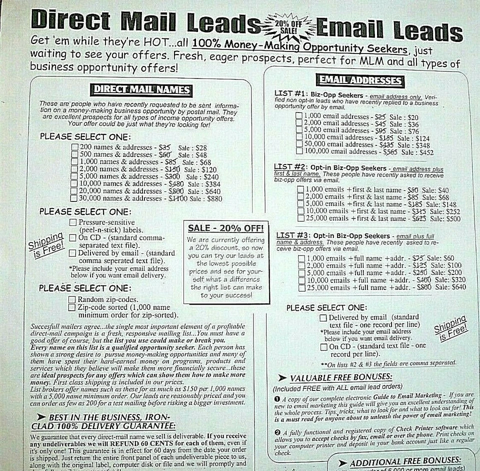 EMAIL ADDRESSES LEADS ON LINE 1,000 to 100,000 Money Making Opportunity Seekers! - Image 1 of 4
