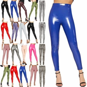 Ladies Women Elasticated High Waist Vinyl PVC WetLook Shiny Disco Dance Leggings - Picture 1 of 29