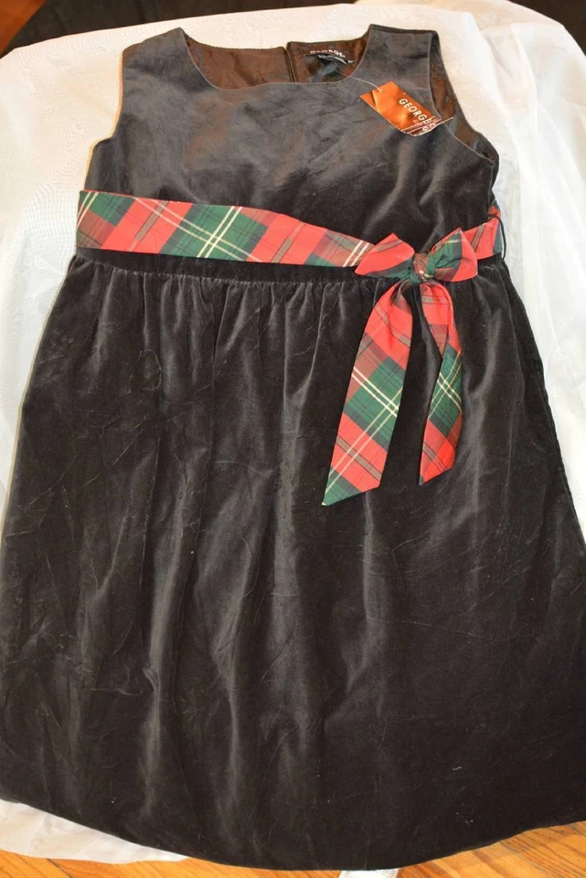 GEORGE VELVET Black with Tartan Belt HOLIDAY / CHRISTMAS / WINTER DRESS GIRLS SZ - Image 1 of 1