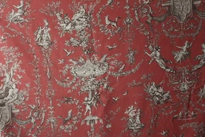 P/Kaufman, Neoclassical Toile, Arabesque, Vintage, 55" W X BTY, Multi on Coral - Picture 1 of 2