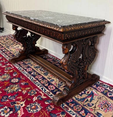 Antique French Coffee Table Bench Window Seat Marble Top Oak Renaissance Revival - Image 1 of 4