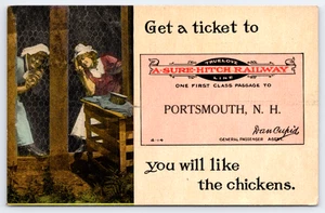 1910s Greetings From Portsmouth, NH - Faux Train Ticket Humor- UNP Postcard READ - Picture 1 of 2