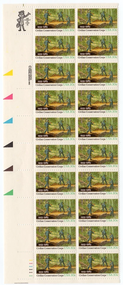 Scott #2037 Civilian Conservation Corps Plate Block of 20 Stamps - MNH LL - Image 1 of 1