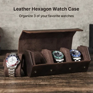 Hexagon 3 Watches Storage Box Case Organizer Travel Case Genuine Leather - Picture 1 of 9