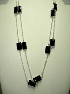 AB funkelnder schwarzer Spinell Smaragdschliff .925 Silber 12 Station Halskette 28-36" XL - Bild 1 von 4