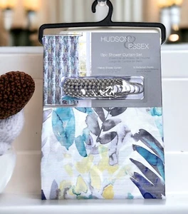 New White w/Gray Teal Green Yellow Tropical Leaf Shower Curtain with Hooks NEW - Picture 1 of 1