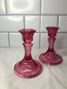 Rose Pink Glass Candlestick Holder Pair Of Pressed Glass Candle Decoration - Picture 1 of 9
