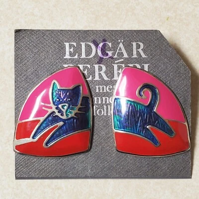 VTG 80s Edgar BEREBI Pierced Earrings Colorful Enamel Kitty Cat Pink Red 1-1/2" - Image 1 of 4