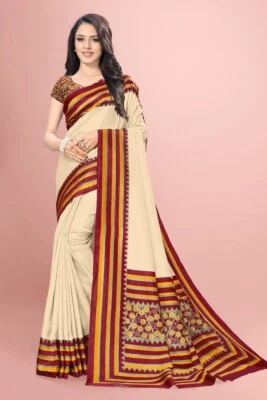 Sari de seda artístico impreso de uso diario (beige) Foto 1 de 3