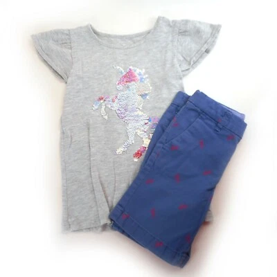 Lote de 2 piezas top y pantalones cortos unicornio para niñas talla 5 lentejuelas Sonoma Oshkosh Foto 1 de 4