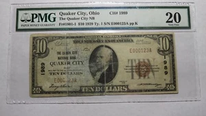 $10 1929 Quaker City Ohio OH National Currency Bank Note Bill Ch. #1989 VF PMG - Picture 1 of 4