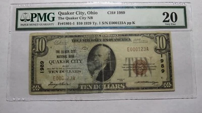 $10 1929 Quaker City Ohio OH National Currency Bank Note Bill Ch. #1989 VF PMG - Image 1 of 4